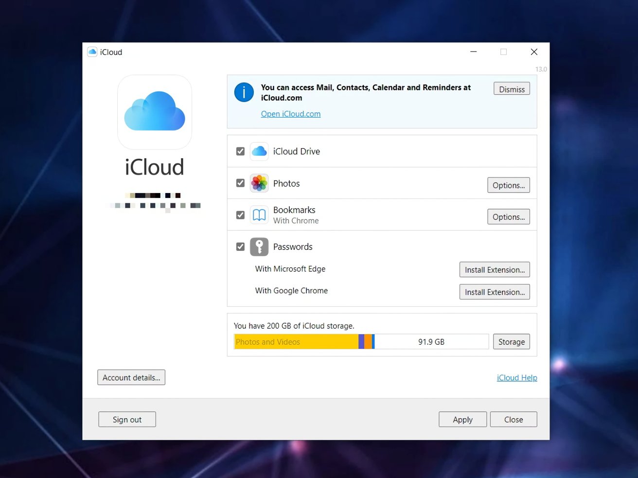 iCloud for Windows 将帮助您设置 iCloud 密码，并安装一些浏览器扩展。